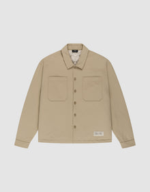 The LFDY Padded Shirt by LIVE FAST DIE YOUNG is a beige, padded overshirt with two front chest pockets, a collar, and a white label near the left hem, shown on a white background. | plain