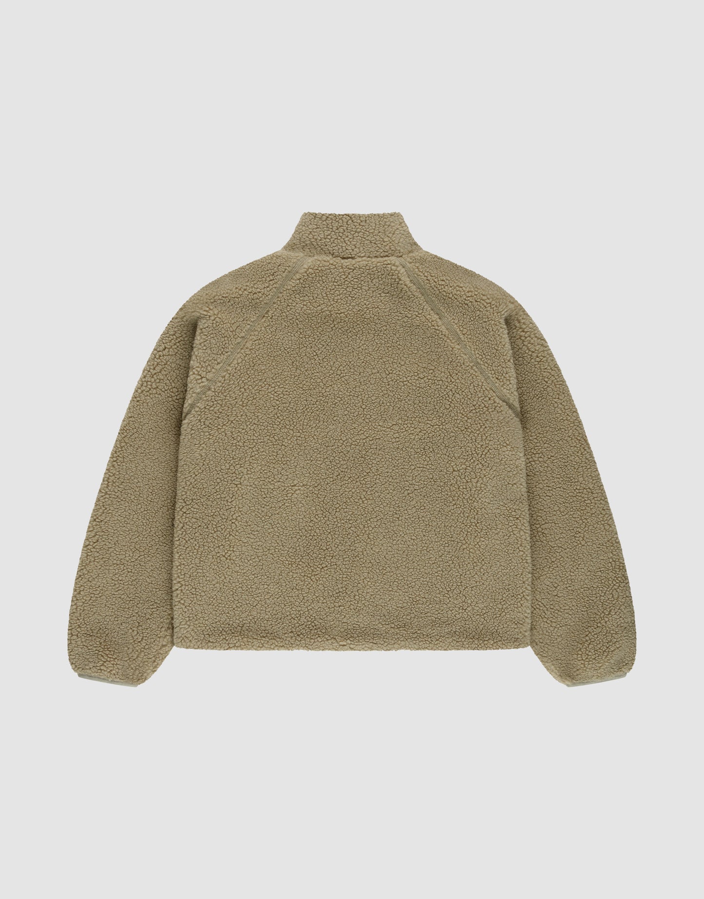 Back view of the tan LFDY Teddy Jacket by LIVE FAST DIE YOUNG, featuring long raglan sleeves, high collar, relaxed fit, and zip pockets, displayed against a plain white background.