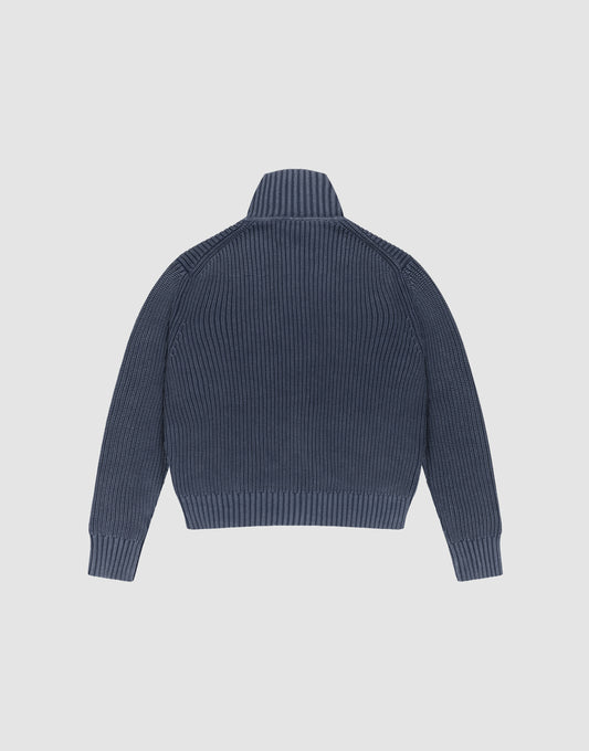 The LFDY Knit Jacket by LIVE FAST DIE YOUNG is a blue ribbed knit sweater made from soft Baumwolle, with a Stehkragen, long sleeves, and a slightly cropped hem, shown flat with the back facing up on a light background.