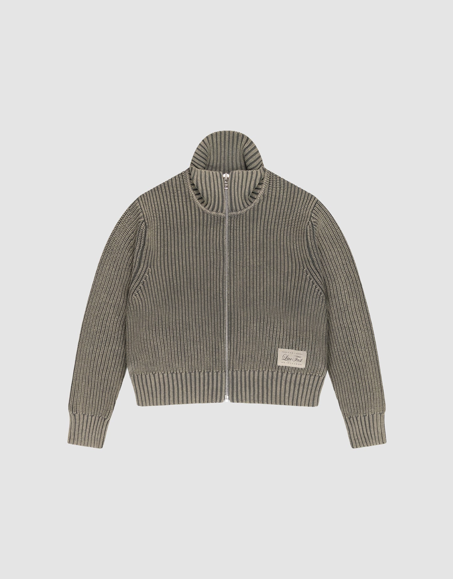 The LFDY Knit Jacket by LIVE FAST DIE YOUNG is a ribbed, zip-up sweater in muted grey with a Stehkragen, long sleeves, and a cream patch with text on the lower left front. Designed in Regular Fit for comfort.