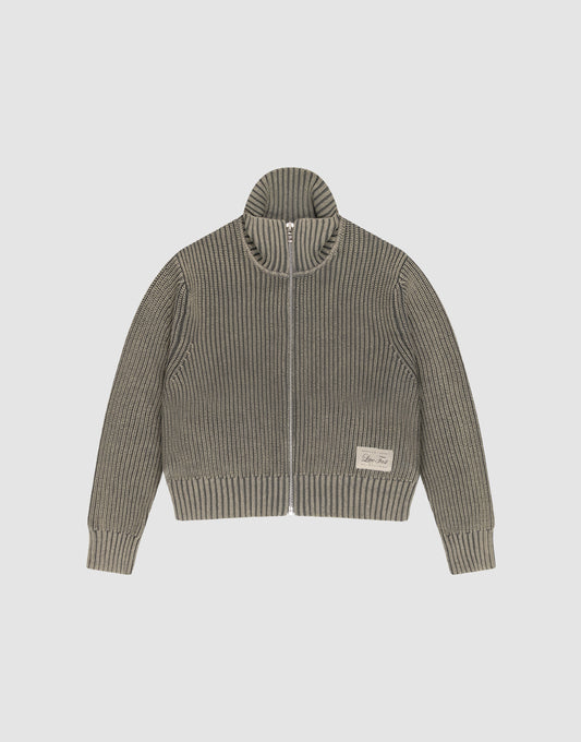 The LFDY Knit Jacket by LIVE FAST DIE YOUNG is a ribbed, zip-up sweater in muted grey with a Stehkragen, long sleeves, and a cream patch with text on the lower left front. Designed in Regular Fit for comfort. | plain