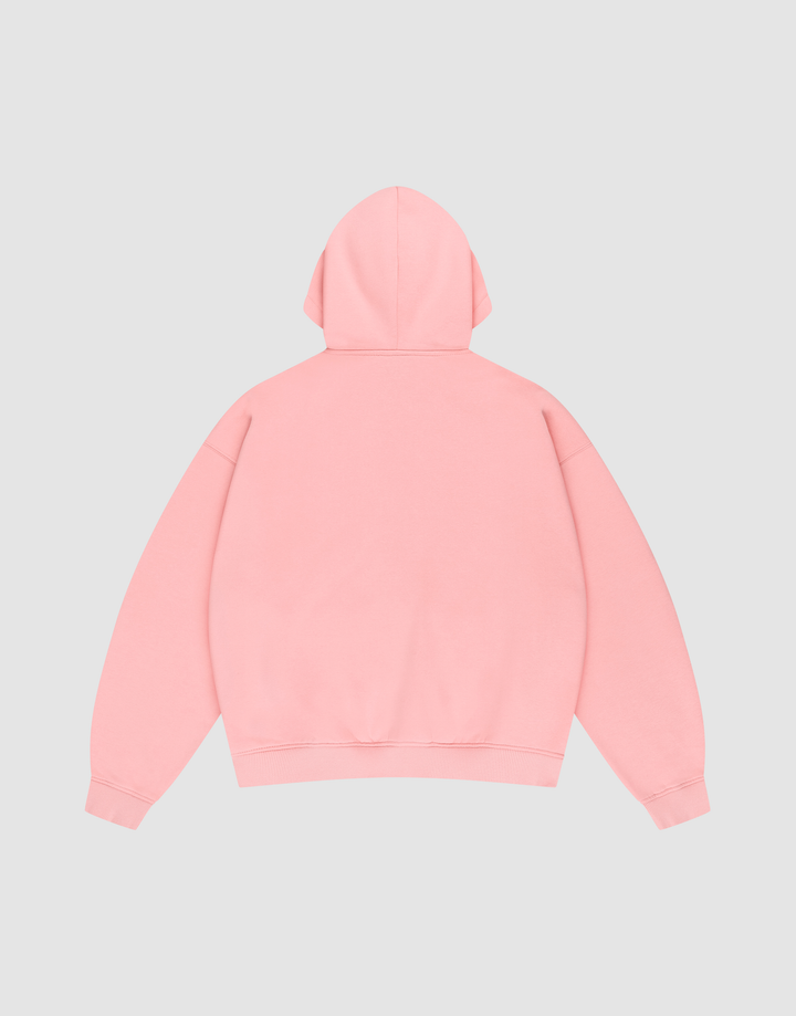 The LIVE FAST DIE YOUNG Basic Hooded Zip, a plain light pink oversized hoodie with long sleeves and no visible designs or logos, is laid flat facing backward on a light gray background.