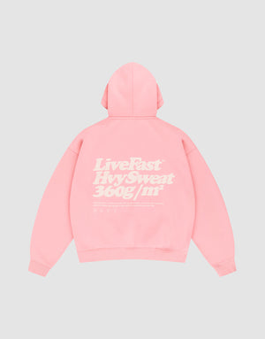A pink LIVE FAST DIE YOUNG Basic 360 Hooded sweatshirt laid flat, back shown with large white “Live Fast” text, smaller details below, topstitching accents, and an oversized fit for comfort. 360g/m² fabric. | plain