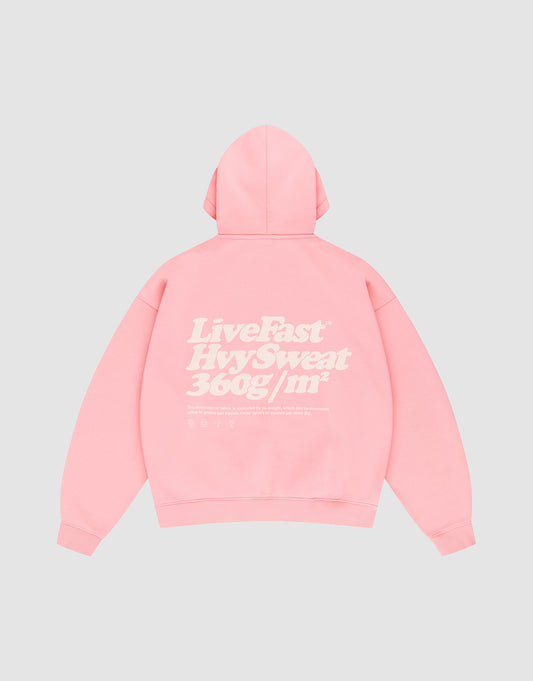 A pink LIVE FAST DIE YOUNG Basic 360 Hooded sweatshirt laid flat, back shown with large white “Live Fast” text, smaller details below, topstitching accents, and an oversized fit for comfort. 360g/m² fabric. | plain