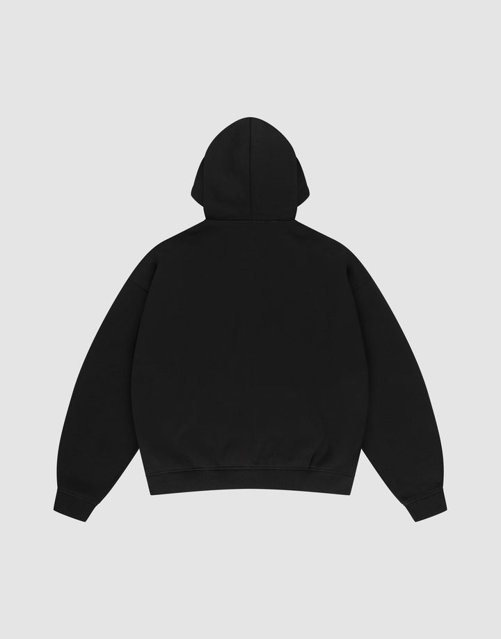 The Basic Hooded Zip by LIVE FAST DIE YOUNG is shown from the back with the hood up and sleeves spread out, displayed flat on a light gray background. Subtle LFDY branding accents this plain black hoodie.