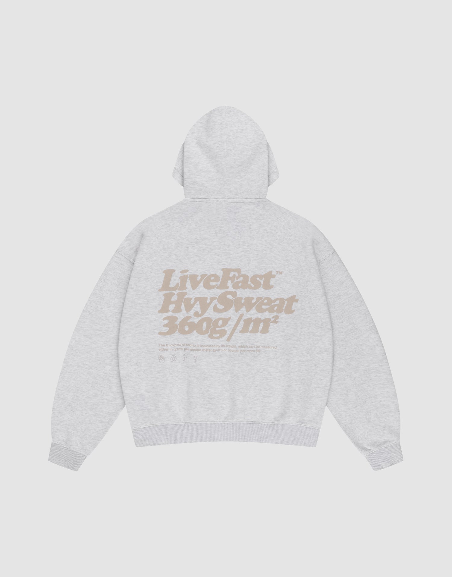 The Basic 360 Hooded by LIVE FAST DIE YOUNG is a light gray, oversized hoodie shown flat from the back. It features large beige front and back prints and is crafted from a high-quality cotton-polyester blend for comfort and style. | plain