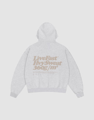 The Basic 360 Hooded by LIVE FAST DIE YOUNG is a light gray, oversized hoodie shown flat from the back. It features large beige front and back prints and is crafted from a high-quality cotton-polyester blend for comfort and style. | plain