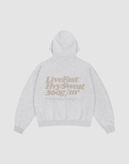 The Basic 360 Hooded by LIVE FAST DIE YOUNG is a light gray, oversized hoodie shown flat from the back. It features large beige front and back prints and is crafted from a high-quality cotton-polyester blend for comfort and style. | plain