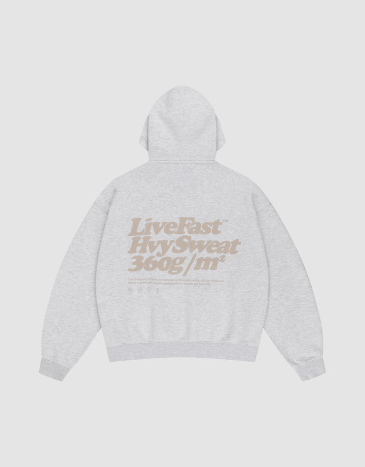 The Basic 360 Hooded by LIVE FAST DIE YOUNG is a light gray, oversized hoodie shown flat from the back. It features large beige front and back prints and is crafted from a high-quality cotton-polyester blend for comfort and style. | plain