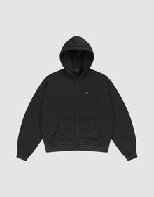 A black Basic Hooded Zip by LIVE FAST DIE YOUNG, oversize fit with front pocket and hood, features a small white LIFE logo on the left chest, shown against a light gray background. | plain