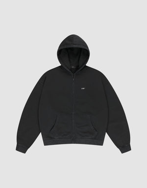 A black Basic Hooded Zip by LIVE FAST DIE YOUNG, oversize fit with front pocket and hood, features a small white LIFE logo on the left chest, shown against a light gray background. | plain