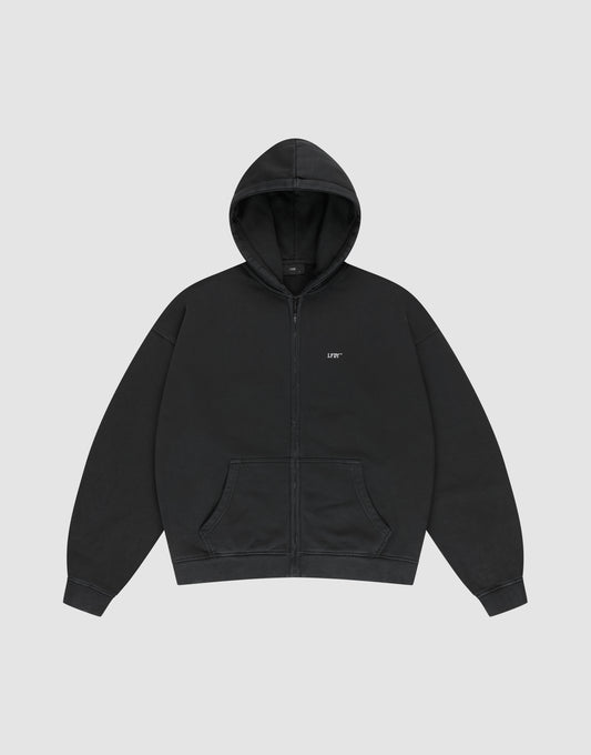 A black Basic Hooded Zip by LIVE FAST DIE YOUNG, oversize fit with front pocket and hood, features a small white LIFE logo on the left chest, shown against a light gray background. | plain