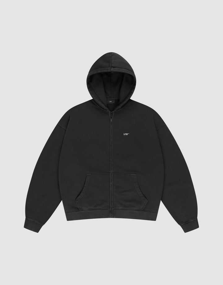 A black Basic Hooded Zip by LIVE FAST DIE YOUNG, oversize fit with front pocket and hood, features a small white LIFE logo on the left chest, shown against a light gray background. | plain