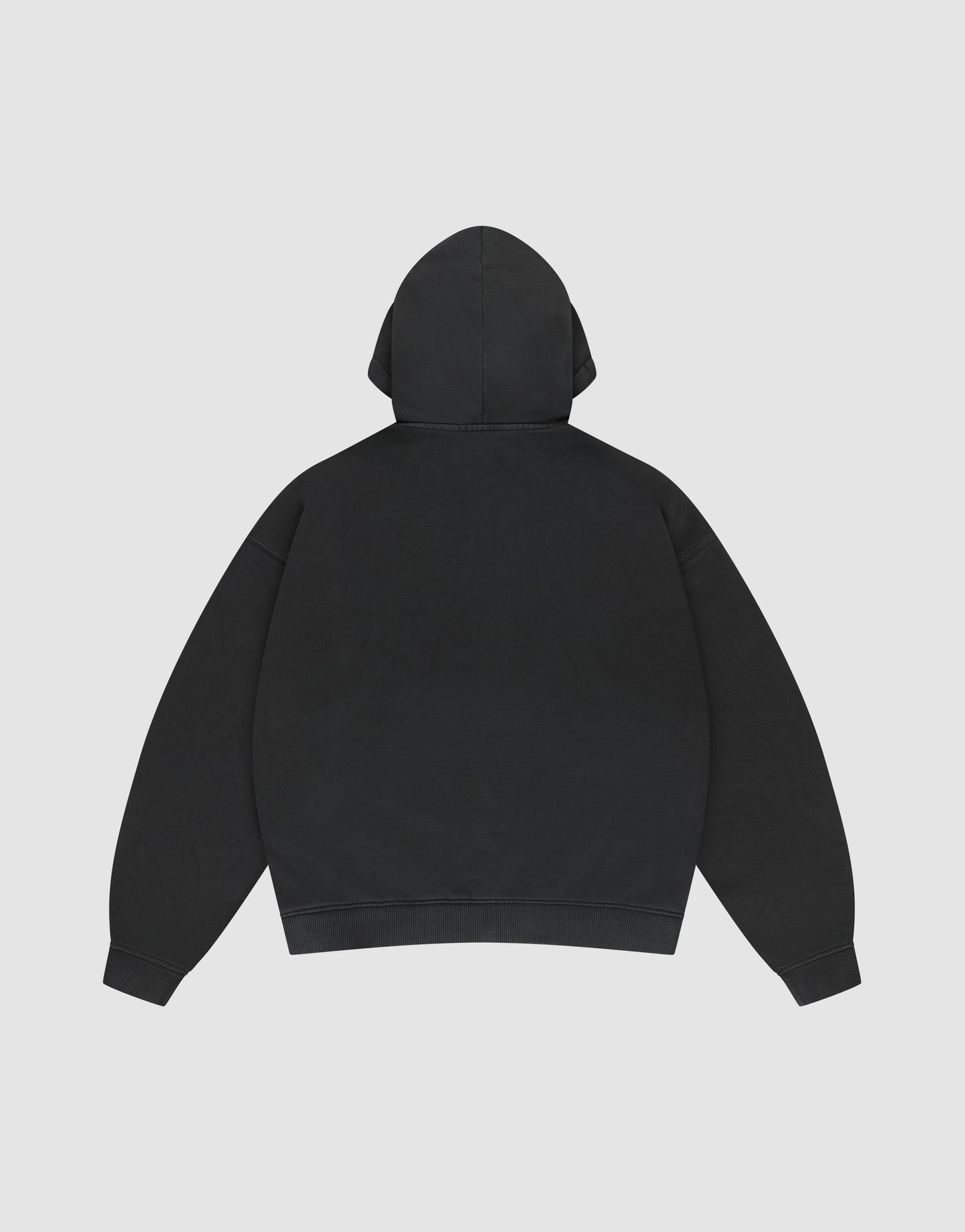 The LIVE FAST DIE YOUNG Basic Hooded Zip is a plain black oversized hoodie shown from the back, featuring a hood, long sleeves, and subtle branding, displayed against a light gray background.