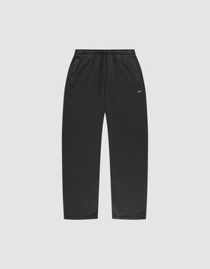 LIVE FAST DIE YOUNG Basic Wide Jogger: black sweatpants with drawstring waist, side pockets, wide fit, and a small white logo on the left thigh. Shown on a plain light gray background. | plain