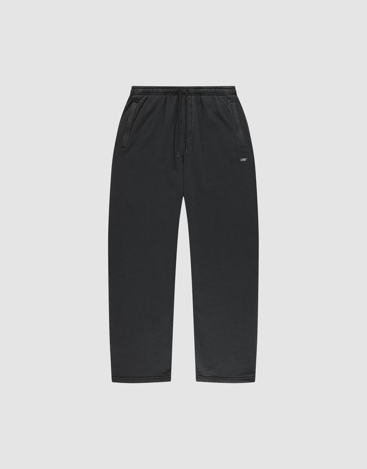 LIVE FAST DIE YOUNG Basic Wide Jogger: black sweatpants with drawstring waist, side pockets, wide fit, and a small white logo on the left thigh. Shown on a plain light gray background. | plain