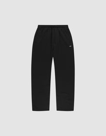The LIVE FAST DIE YOUNG Basic Wide Jogger features black straight-leg sweatpants with an elastic waistband, drawstring, side pockets, and a small white logo print near the left pocket, shown on a plain light gray background. | plain
