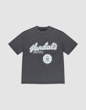The LFDY Vandals Tee by LIVE FAST DIE YOUNG is a black Oversize Fit t-shirt with "Vandals METRO" in white cursive and block letters, a bold front print, and a small circular subway train graphic above it. | plain