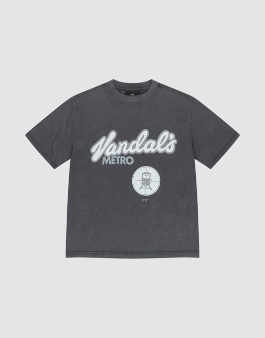 The LFDY Vandals Tee by LIVE FAST DIE YOUNG is a black Oversize Fit t-shirt with "Vandals METRO" in white cursive and block letters, a bold front print, and a small circular subway train graphic above it. | plain