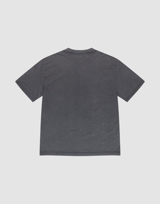 The LIVE FAST DIE YOUNG LFDY Vandals Tee is a plain, short-sleeved, dark gray oversized t-shirt made from 100% Baumwolle. Shown laid flat on a light gray background from the back, it has no visible logos or designs.
