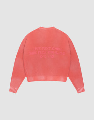 The LFDY Washed Knit Sweater by LIVE FAST DIE YOUNG is a coral pink ribbed knit with an oversize fit, long sleeves, and embossed backprint text in a darker hue. Made from 100% Baumwolle. | plain