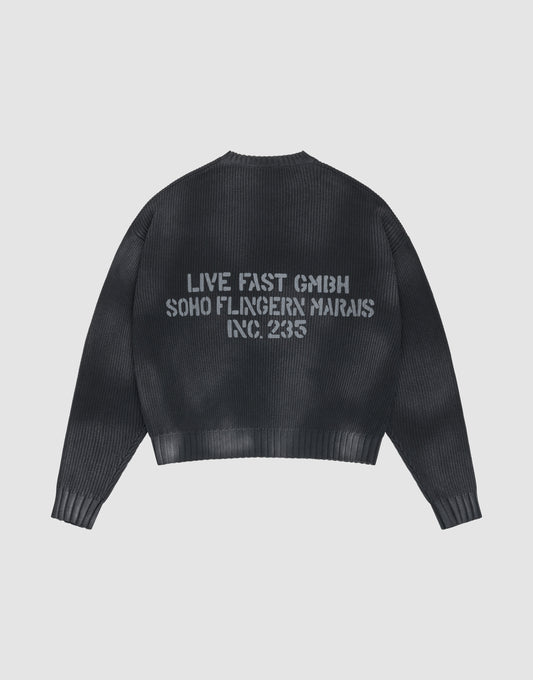 The LFDY Washed Knit Sweater by LIVE FAST DIE YOUNG is black, ribbed, and oversized, with a gray backprint. Made from 100% Baumwolle, it’s shown laid flat on a light gray background. | plain