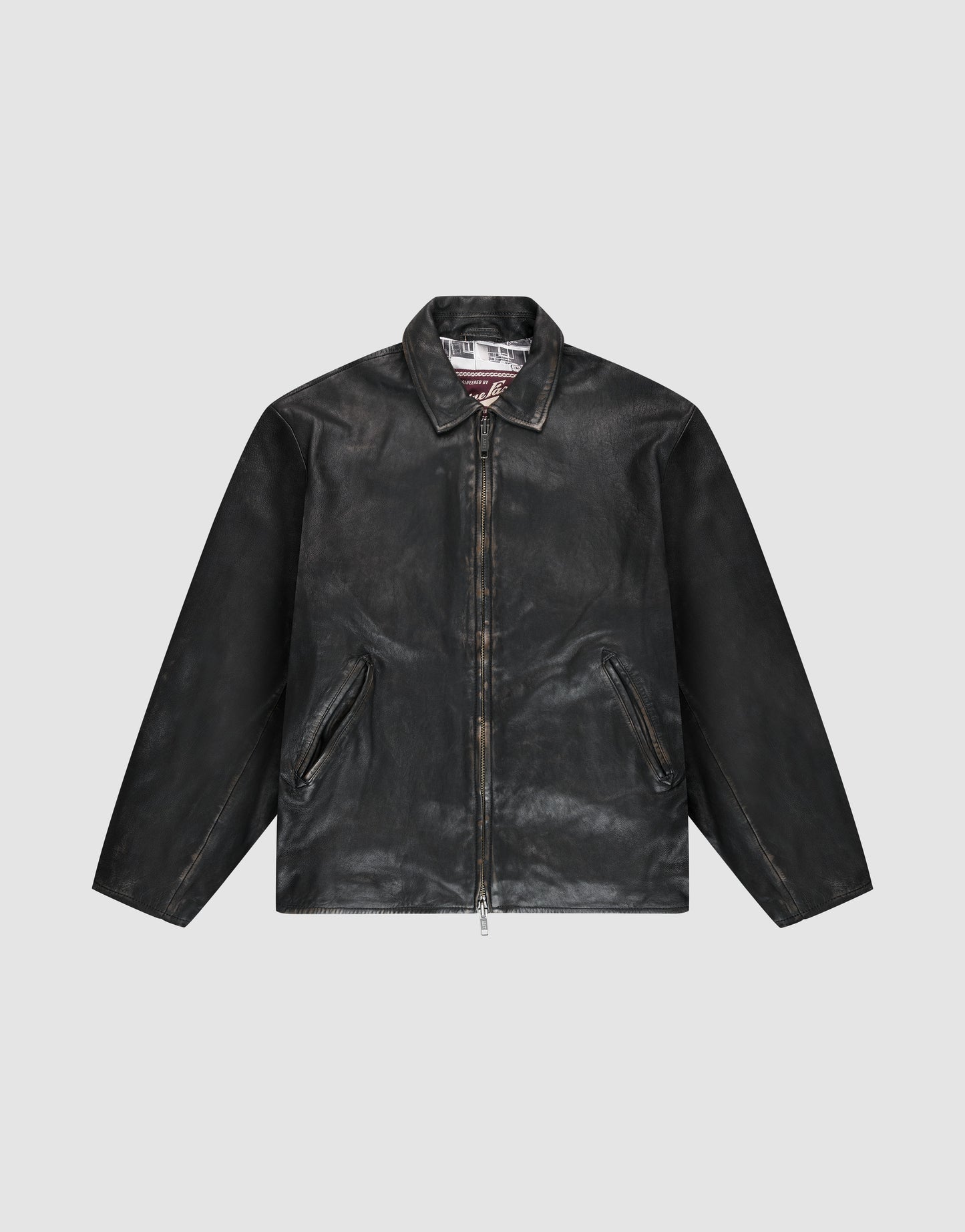 The LFDY Leather Jacket by LIVE FAST DIE YOUNG is a black Schafsleder jacket with a front LFDY zipper, pointed collar, and two angled side pockets, shown on a plain light gray background.