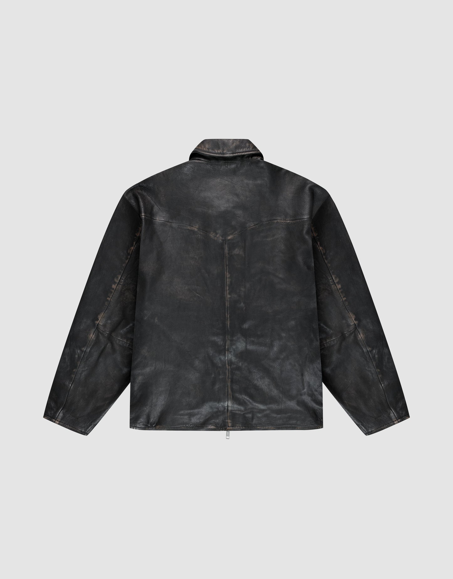 The LFDY Leather Jacket by LIVE FAST DIE YOUNG, in black Schafsleder leather with long sleeves and a collar, is shown from the back against a plain light gray background.