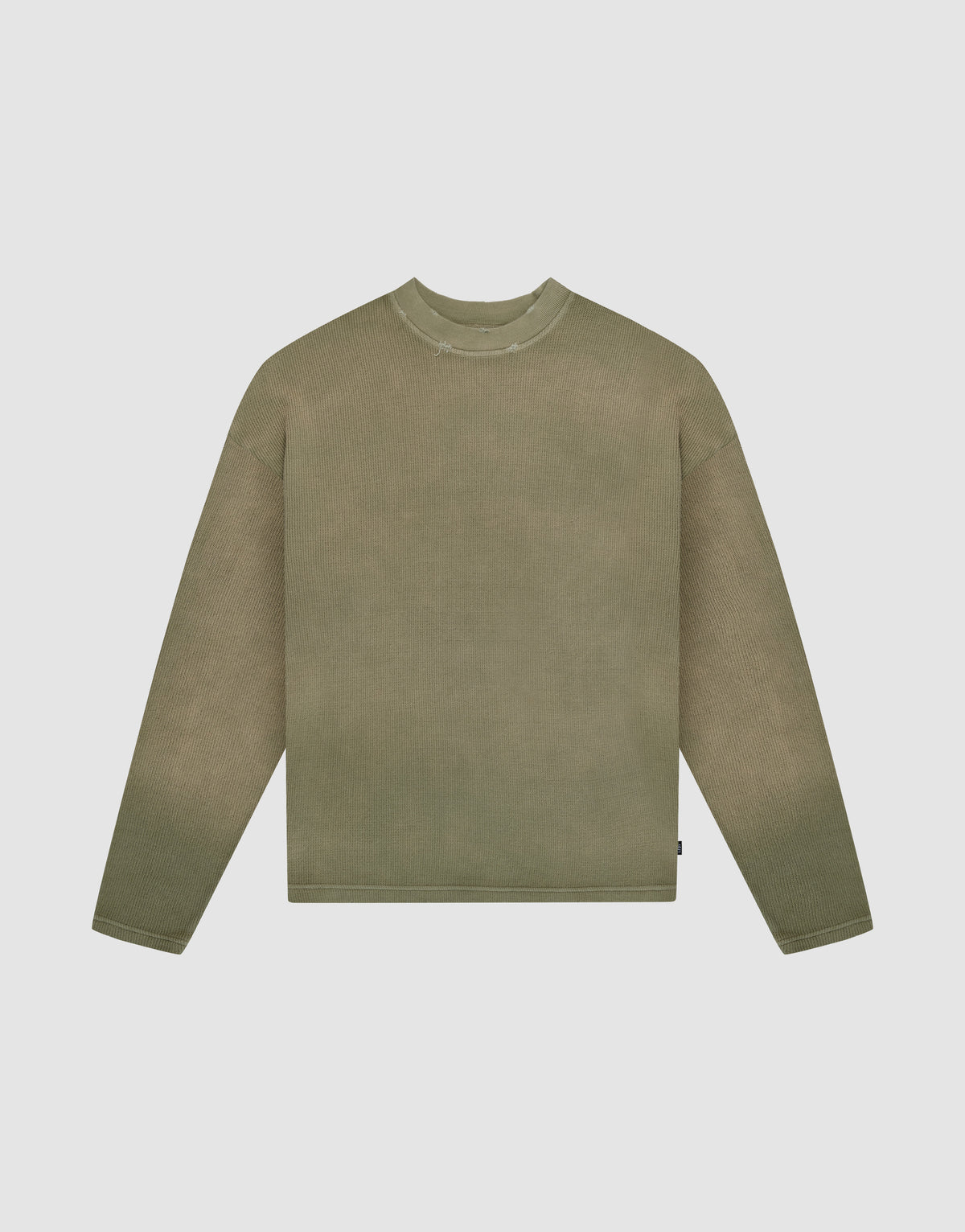 The LIVE FAST DIE YOUNG LFDY Rib Knit Longsleeve is a muted olive green, long-sleeved crewneck shirt with individueller Wasch-Effekt, shown flat on a light gray background. | plain