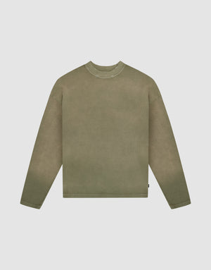 The LIVE FAST DIE YOUNG LFDY Rib Knit Longsleeve is a muted olive green, long-sleeved crewneck shirt with individueller Wasch-Effekt, shown flat on a light gray background. | plain