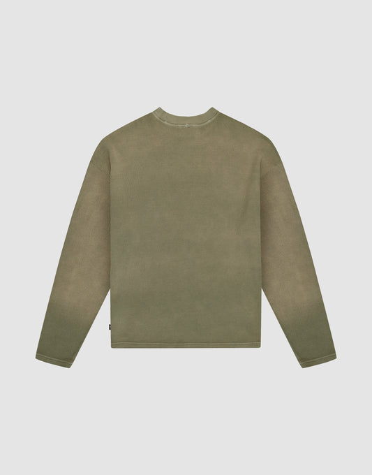 The LFDY Rib Knit Longsleeve by LIVE FAST DIE YOUNG is shown from the back, laid flat on a light gray background. In olive green with an Oversize Fit, it features 100% Baumwolle and an individuellen Wasch-Effekt for a unique look.