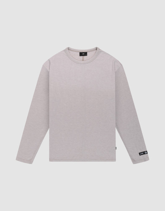 The LFDY Rib Longsleeve by LIVE FAST DIE YOUNG is a plain light grey oversized long-sleeve t-shirt with a crew neck, soft Polyester Viskose fabric, a black tag on the sleeve cuff, and a black label inside the neck. Displayed flat on white. | plain