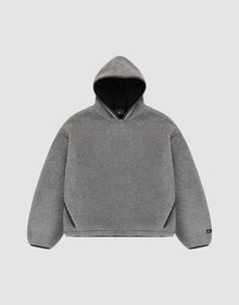 The LFDY Teddy Hooded by LIVE FAST DIE YOUNG is a gray, long-sleeve, oversized hoodie with soft fleece-like material and practical pockets, shown flat on a light gray background. | plain