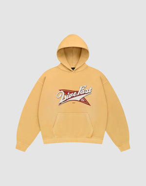The LFDY Corp. Hooded by LIVE FAST DIE YOUNG is a yellow oversized hoodie with a front pocket and a bold “Drive Fast” graphic over a red and white star on the chest. | plain