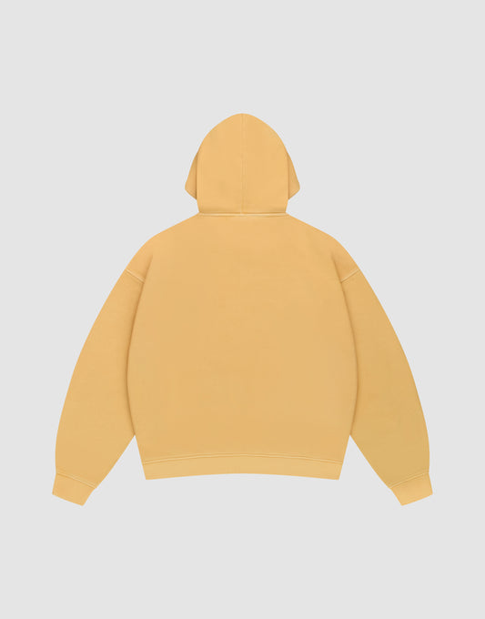 The LFDY Corp. Hooded by LIVE FAST DIE YOUNG is shown from the back in plain yellow, featuring an oversize fit, long sleeves, and a clean design with no visible logos or graphics, set against a light gray background.