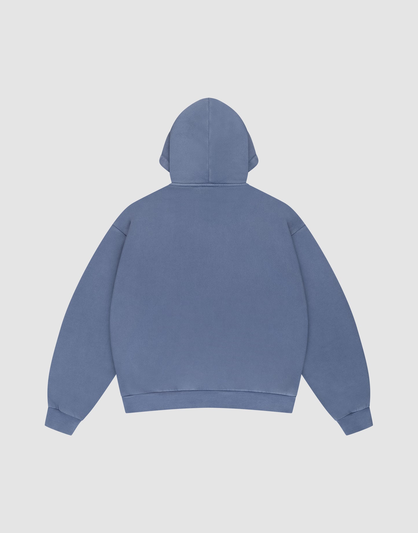A plain blue LFDY GmbH Hooded by LIVE FAST DIE YOUNG is displayed flat, showing the back, long sleeves, ribbed cuffs and hem, and a hood with drawstrings against a white background.