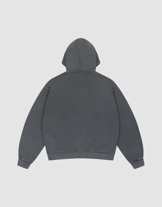 The LIVE FAST DIE YOUNG LFDY GmbH Hooded in plain dark gray is displayed flat against a light gray background, shown from the back with the hood up and sleeves spread out.