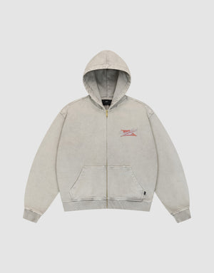 The LFDY Corp. Hooded Zip by LIVE FAST DIE YOUNG is a light gray, oversized fit hoodie with a front pocket, drawstring hood, small red and white embroidered logo on the left chest, and faded vintage look. Made from 100% Baumwolle. | plain