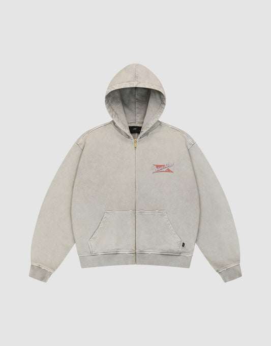 The LFDY Corp. Hooded Zip by LIVE FAST DIE YOUNG is a light gray, oversized fit hoodie with a front pocket, drawstring hood, small red and white embroidered logo on the left chest, and faded vintage look. Made from 100% Baumwolle. | plain