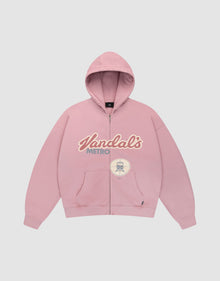 The LFDY Vandals Hooded Zip by LIVE FAST DIE YOUNG is a light pink, oversized hoodie with front pockets, cream and light blue "Vandals METRO" print, a small subway sign graphic, and distressed details for casual street style. | plain