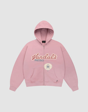 The LFDY Vandals Hooded Zip by LIVE FAST DIE YOUNG is a light pink, oversized hoodie with front pockets, cream and light blue "Vandals METRO" print, a small subway sign graphic, and distressed details for casual street style. | plain
