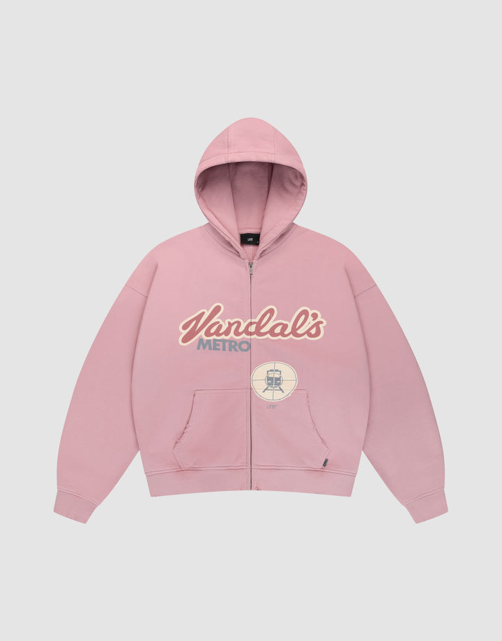 The LFDY Vandals Hooded Zip by LIVE FAST DIE YOUNG is a light pink, oversized hoodie with front pockets, cream and light blue "Vandals METRO" print, a small subway sign graphic, and distressed details for casual street style. | plain