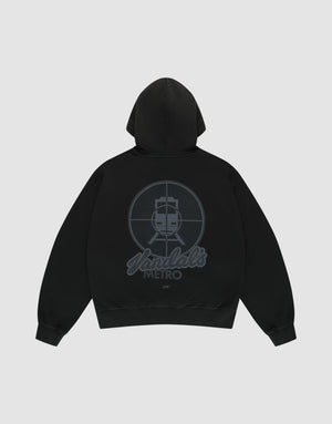 The LFDY Vandals Hooded by LIVE FAST DIE YOUNG is a black oversized hoodie with a large back graphic of a stylized train in a crosshair circle and "Yardals METRO" text, all in dark gray. Made from 100% Baumwolle, shown flat on a light background. | plain