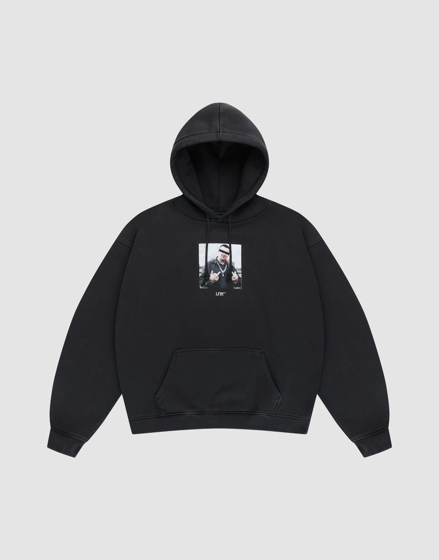 The LFDY Gambling Hooded by LIVE FAST DIE YOUNG is a black oversized hoodie with a front pocket, a rectangular photo and "LIFE" on the chest, crafted from cozy 360 GSM fabric for comfort. | plain