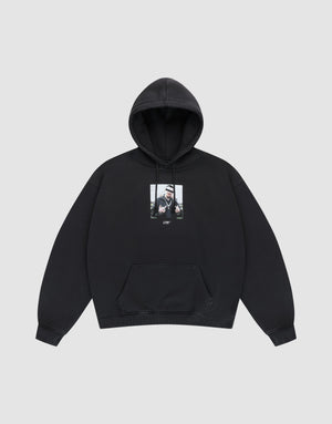 The LFDY Gambling Hooded by LIVE FAST DIE YOUNG is a black oversized hoodie with a front pocket, a rectangular photo and "LIFE" on the chest, crafted from cozy 360 GSM fabric for comfort. | plain