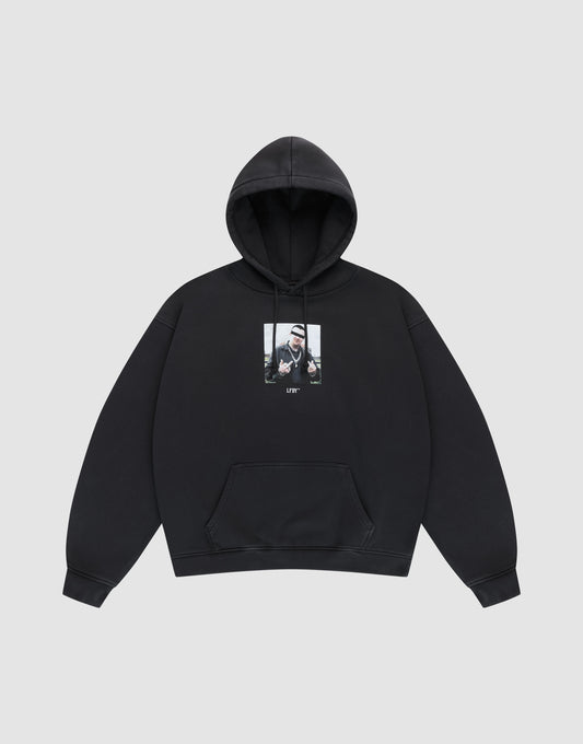 The LFDY Gambling Hooded by LIVE FAST DIE YOUNG is a black oversized hoodie with a front pocket, a rectangular photo and "LIFE" on the chest, crafted from cozy 360 GSM fabric for comfort. | plain
