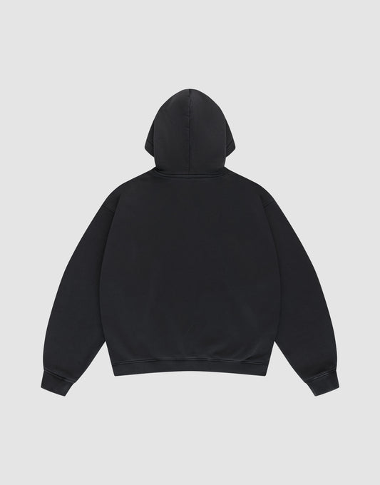The LFDY Gambling Hooded by LIVE FAST DIE YOUNG is a plain black oversized hoodie with a hood and long sleeves, crafted from 360 GSM fabric and shown from the back on a light gray background.