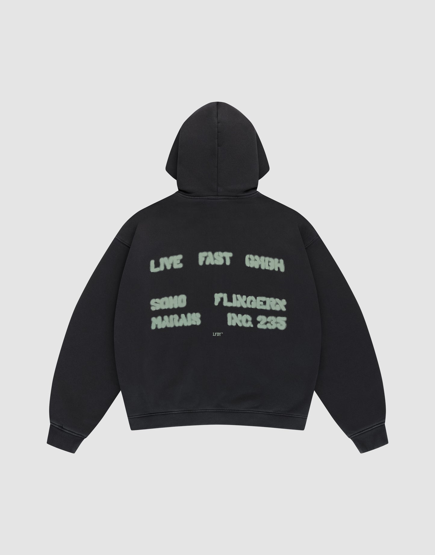 The Live Fast District Hooded Zip by LIVE FAST DIE YOUNG features an oversized black fit with light green spray-painted style text—LIVE FAST 6HIGH, SONG MARJAN, FLUXGEIST, INC. 235—and subtle LFDY branding on the back, shown flat on a plain light background.