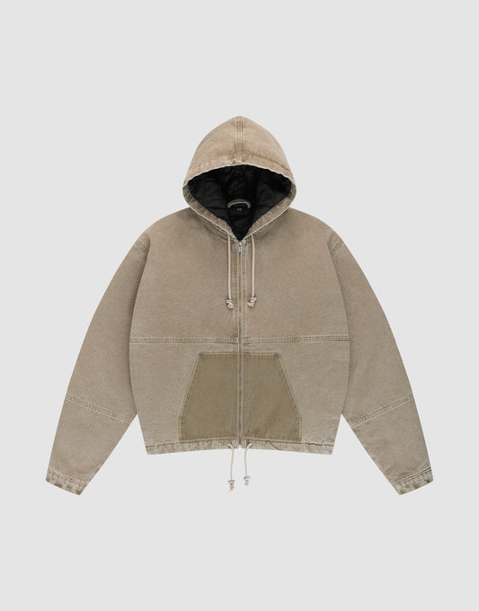 The LIVE FAST DIE YOUNG Faded Workwear Jacket is a taupe zip-up hoodie with a front kangaroo pocket, drawstring hood, and visible seam details, shown flat on a light gray background. | plain
