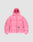 The Live Fast Puffer Jacket by LIVE FAST DIE YOUNG is a bright pink nylon jacket with an oversize fit, hood, front zipper, wide quilted sections, a warm insulated feel, and a gray LIVE FAST logo on the lower left side.